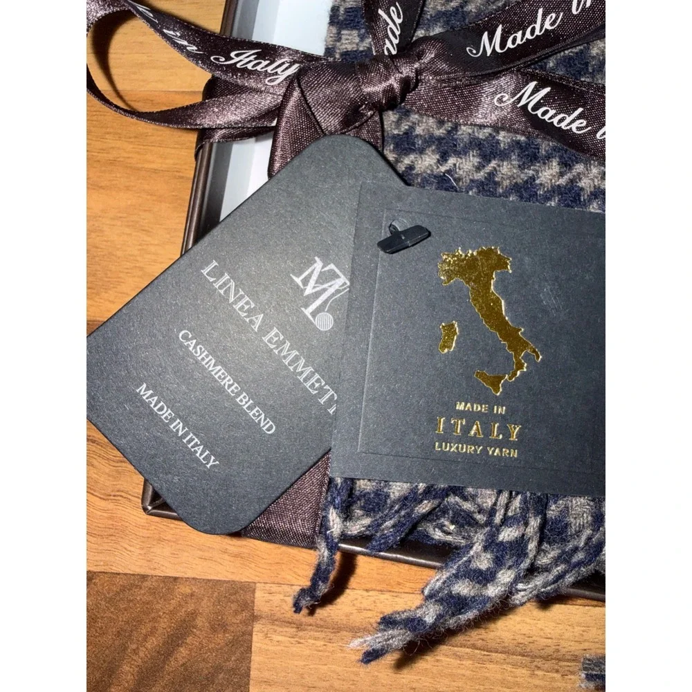 Linea Emmett Scarf Men OS Blue Brown NEW Cashmere Wool Houndstooth Made in Italy